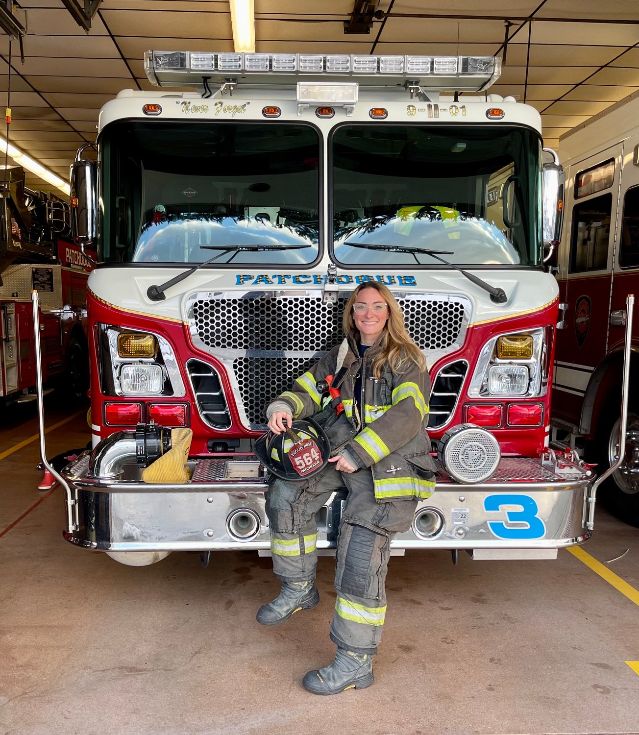 For the first time in Patchogue Fire Department’s over 100 years, Class A firefighter Morgan Poulos Keating made history as the department’s first woman officer.
